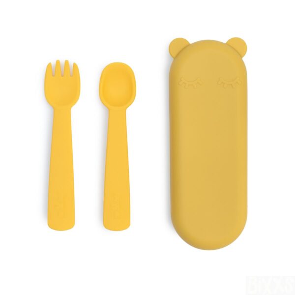 feedie fork spoon set yellow top down with case